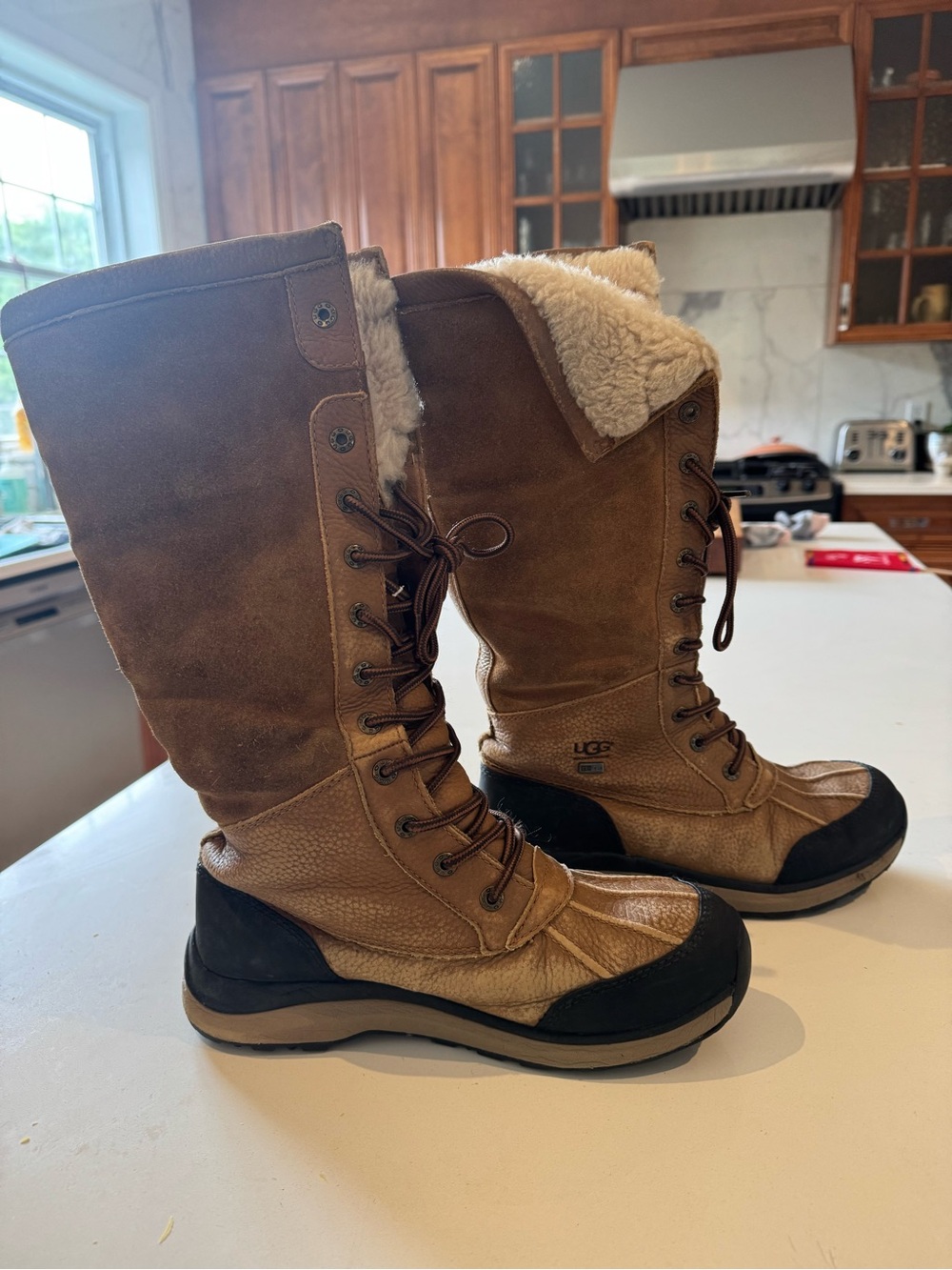 UGG Tall Lace-Up Brown Suede Winter Boots with Shearling Trim
